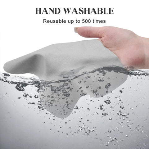 Navona microfiber glasses cleaning cloth, gray, handheld with water splash (front view)