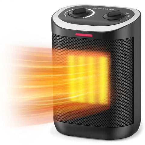 1500W Ceramic Space Heater for desk and office, black portable fast cozy heat heater with thermostat, safety features shown