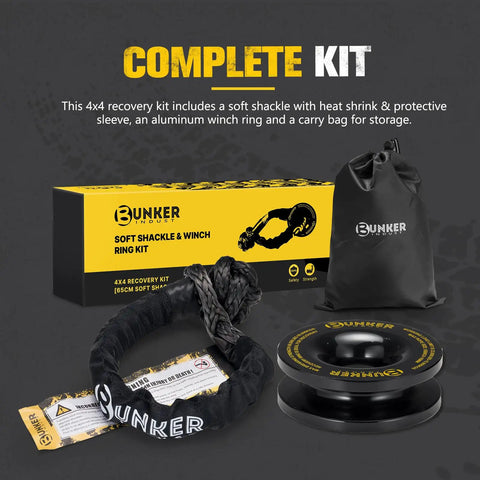 Heavy Duty Synthetic Soft Shackle With Winch Ring And Recovery Ring Snatch Rope Towing Straps Block Pulley Kit displayed with carry bag
