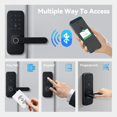 5 In 1 Keyless Entry Smart Lock With Handle For Bedroom And Front Door No Key Fumbles Fingerprint Passcode TTLock App RFID Card Or Mechanical Key Auto Lock Guest Codes Easy DIY Install For Home Office Airbnb, showing fingerprint, passcode, and app unlocking.