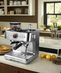 Semi Automatic Espresso Machine With Built In Grinder And Fast Milk Frother For Authentic Cappuccino Latte Coffee on kitchen counter.