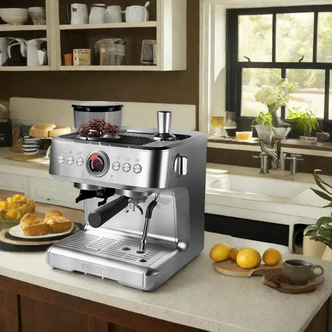 Semi Automatic Espresso Machine With Built In Grinder And Fast Milk Frother For Authentic Cappuccino Latte Coffee on kitchen counter.