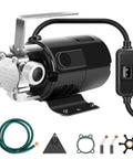 Straight Shooting 1/10HP Water Transfer Pump 330GPH Utility Pump With No Fuss Toggle Switch 115V Aluminum Body showing pump components and switch.