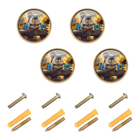 Squirrel Themed Sunflower Gold Cabinet Knobs 4 Pack Round Pull Handles For Drawers Walls And Dressers displayed with screws and anchors