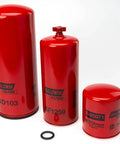 Heavy Duty Cummins Engine Filter Service Kit With Top Shelf Oil Fuel And Coolant Replacement Parts For Built Tough Diesel Hauler Maintenance and Rock Solid Long Haul Coverage showing three red filters BD103, BF1259, BW5071 with seals.