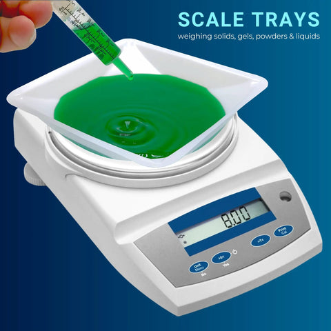 Disposable 330mL Weigh Boats Pack Of 125 Large Plastic Weighing Dishes For Lab Use Food Safe Antistatic Polystyrene Great For Measuring Powders Liquids Supplements And Food Samples With Easy Cleanup, white weigh boat on scale with green liquid