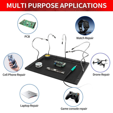 Pro Grade Third Hand Soldering Station With Five Flexible Arms And Large 15.7 X 11.2 Inch Base, Heat Resistant Soldering Mat applications