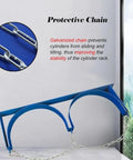 Rugged Built To Last Heavy Duty Steel Gas Cylinder Rack with galvanized chain close-up and wall mount for stability.