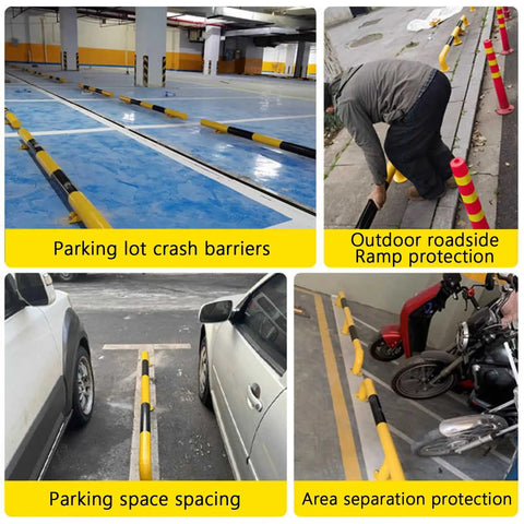 Heavy Duty U Shaped Machinery Guard Rail With High Visibility Yellow And Black Bollard installed in various parking scenarios