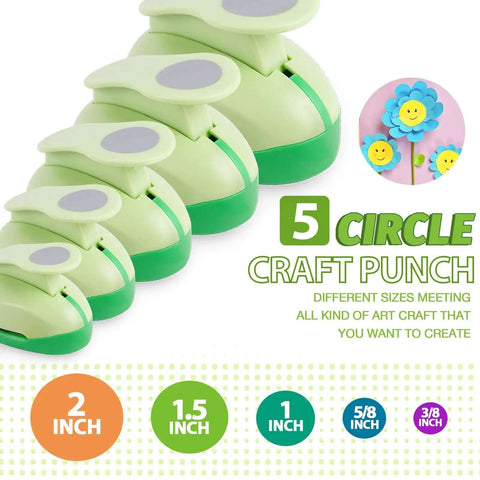 Five Size Circle Punch Set For Paper Crafts And Card Making Including Three Eighths Inch, Five Eighths Inch, One Inch, One And A Half Inch, And Two Inch Circle Punches, shown with size labels.