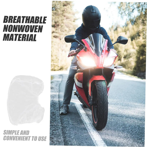 50 Pack Top Shelf Disposable Nonwoven Hair Nets For Cleanrooms And Kitchen Sites Sit Slick With Snag Free Elastic Bands Lock Down Loose Strands Block Dust Particles For Factory Work Or Lab Shifts Real Deal Quality displayed on a motorcycle rider wearing a helmet.