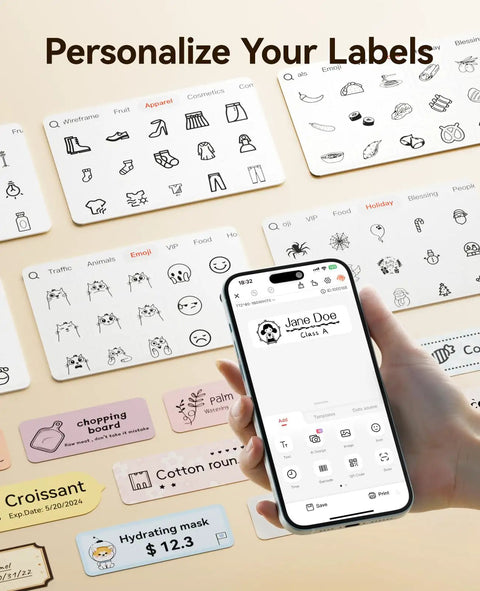 D110 Bluetooth Label Maker With Thermal Printer interface on a smartphone, surrounded by various label designs and icons.