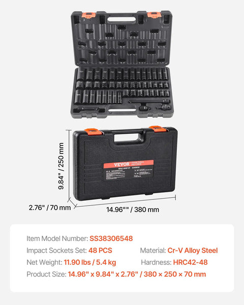 Impact Socket Set 3/8 Inch Drive, 48-Piece Including SAE 5/16 To 3/4 Inch And Metric 8 To 22 Mm, Deep And Shallow, Cr-V Alloy Steel