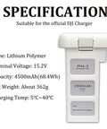 Phantom 3 Battery Pack for DJI Drones 4500mAh 15.2V Intelligent Flight Battery showing specifications, suitable for DJI Charger