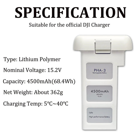 Phantom 3 Battery Pack for DJI Drones 4500mAh 15.2V Intelligent Flight Battery showing specifications, suitable for DJI Charger
