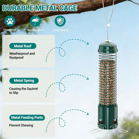 Squirrel Proof Metal Bird Feeder For Outdoors Hanging With 3.6 Lb Seed Capacity Weight Activated Squirrel Guard in green