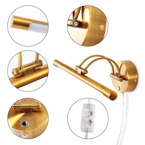 Brass 16 Inch LED Vanity Light Dimmable Wall Sconce With Adjustable Arm Plug In Bedside Reading Lamp Warm 3000K 8W details
