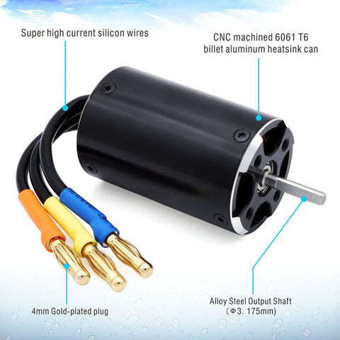 2948 4800KV Brushless RC Boat Motor, 4-Pole With Water Cooling Jacket showing silicon wires and gold-plated plugs