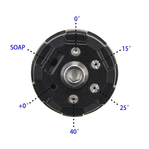 JOEJET 6-in-1 pressure washer nozzle head with 1/4 in quick connect; top view shows 0°, 15°, 25°, 40° and soap setting