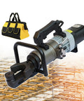Heavy Duty Electric Rebar Cutter And Bender With Knockout Power On Twenty Two Through Thirty Six Millimeter Steel Bars And Zero To One Thirty Degree Angles For No Sweat Job Site Work, displaying the cutter and a tool bag.