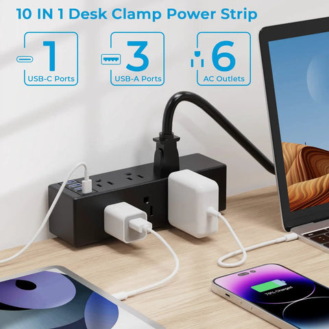 Clamp On Desk Power Strip With USB C And USB A Ports, 6 AC Outlets, attached to desk with multiple devices connected