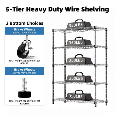 Heavy Duty 5 Tier Wire Shelving Unit With Rolling Caster Wheels Rock Solid Metal Storage Rack showing adjustable shelves and weight capacity.