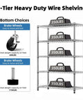 Tough As Nails Five Tier Chrome Wire Shelving Rack With Locking Casters And NSF Certification For Kitchen Garage Or Home Office Storage Up To Three Hundred Fifty Pounds Per Shelf, displayed with weights.