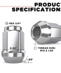 Bulge Acorn Lug Nuts M12x1.50 Solid Piece No Cap Easy Install Durable Carbon Steel Chrome Finish, dimensions and thread size shown