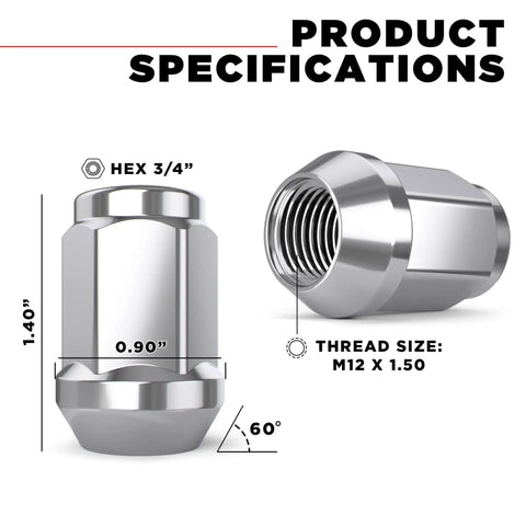 Bulge Acorn Lug Nuts M12x1.50 Solid Piece No Cap Easy Install Durable Carbon Steel Chrome Finish, dimensions and thread size shown