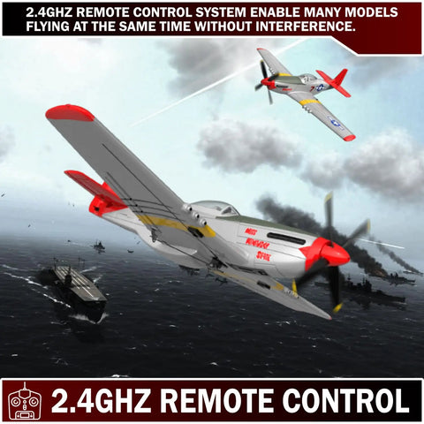 Four Channel Ready To Fly RC Plane For Beginners With Easy Controls And Aerobatic Capabilities P51 Mustang Foam Airplane flying over ships