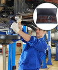 Mechanic using Heavy Hitter Forty Piece Star Spline External Drive Socket Set Featuring Copper Finish And Rugged Steel Case for auto repairs.
