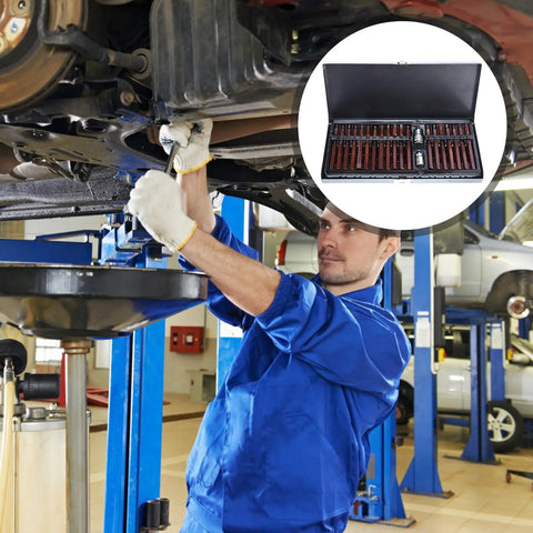 Mechanic using Heavy Hitter Forty Piece Star Spline External Drive Socket Set Featuring Copper Finish And Rugged Steel Case for auto repairs.