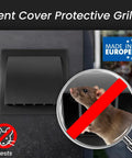 Close-up of 6 Inch Anthracite Dryer Vent Hood Duct Cover For Walls Or Ceiling ABS Plastic Protection Hood With Rain Shield And Backdraft Damper Exhaust Vent Cover For Indoor Outdoor Use, emphasizing pest protection with a magnified rat icon crossed out, and a Made in Europe label.
