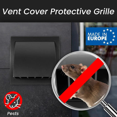 Close-up of 6 Inch Anthracite Dryer Vent Hood Duct Cover For Walls Or Ceiling ABS Plastic Protection Hood With Rain Shield And Backdraft Damper Exhaust Vent Cover For Indoor Outdoor Use, emphasizing pest protection with a magnified rat icon crossed out, and a Made in Europe label.