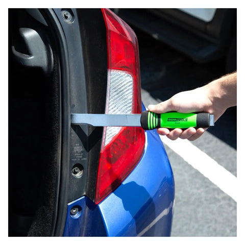 Using Seam Splitter Set For Auto Body Panels And Beefy Weld Removal Tools to remove car panel with cushioned handle, visible straight angle.