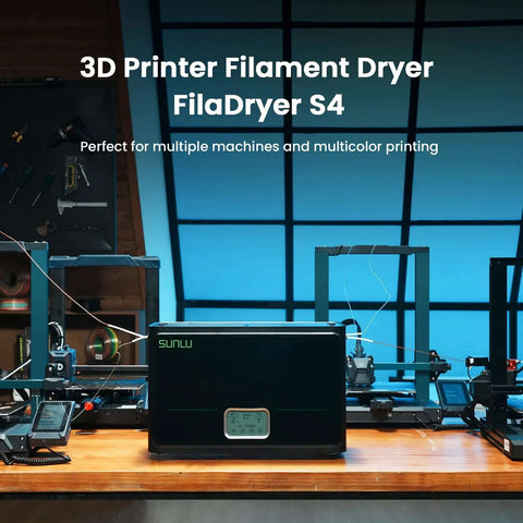 3D Printer Filament Dryer S4 With Four Spool Capacity on desk, featuring advanced controls and multiple 3D printers in background