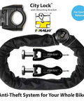 City Bike Frame Lock With QR Coded Key, protective chain, and mounting bracket for quick secure access and theft prevention.
