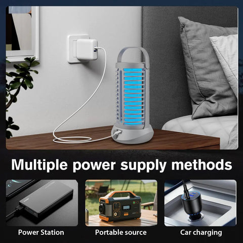 Outdoor Mosquito Zapper With LED Light And 4000mAh Battery, Rechargeable Insect Killer Lamp for indoor and camping use, grey.