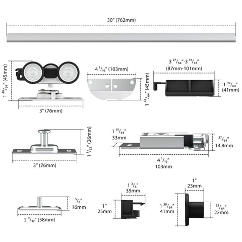 30 Inch Bifold Door Hardware Kit For Two Doors Aluminum Sliding Barn Door Top Mounted components and measurements guide.