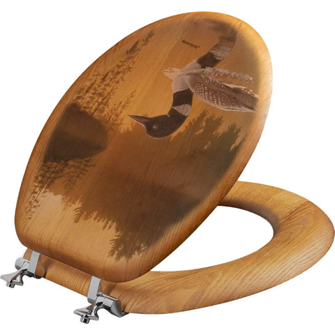 Oak Veneer Round Toilet Seat With Outdoor Stone Island Loon Print Durable Pigment Ink Finish Ships Fully Assembled Fits US Standard Round Toilets Premium Bumpers And Hardware Dope Bathroom Decor Upgrade