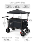 All Terrain Folding Wagon Cart With Canopy And Brakes, showing dimensions and large wheels for rough terrain