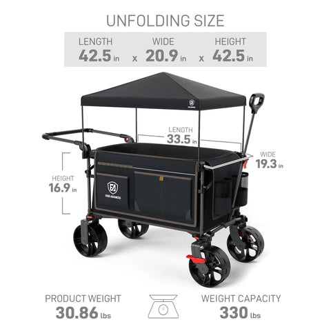 All Terrain Folding Wagon Cart With Canopy And Brakes, showing dimensions and large wheels for rough terrain