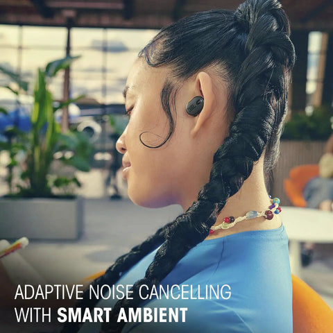 Woman wearing Tune Buds 2 True Wireless Earbuds With Noise Canceling, Dope Spatial Sound, Smart Ambient Tech, black color
