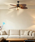 52" Tropical Ceiling Fan with Light, Indoor Outdoor Palm Leaf Ceiling Fan above a cozy living room sofa.