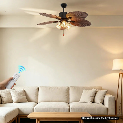 52" Tropical Ceiling Fan with Light, Indoor Outdoor Palm Leaf Ceiling Fan above a cozy living room sofa.
