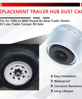 Image showing a 2.72 Inch Trailer Hub Dust Cap 4 Pack Replacement for 7000 to 8000 Pound EZ Lube Camper Axle with installation.
