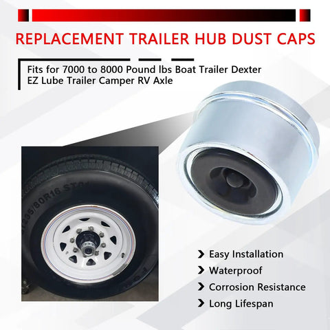 Image showing a 2.72 Inch Trailer Hub Dust Cap 4 Pack Replacement for 7000 to 8000 Pound EZ Lube Camper Axle with installation.