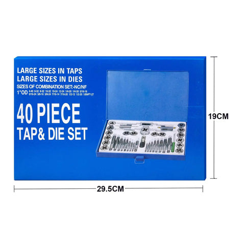 Box of Tap And Die Set 40 Piece Alloy Steel For Cutting External And Internal Threads In SAE Inch Sizes with case dimensions.