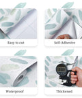 Green And White Peel And Stick Wallpaper Boho Herringbone Self Adhesive Contact Paper For Cabinets And Walls Waterproof Removable Teal And Light Green Dope Vibe 17.3 Inch Wide By 197 Inch Long features and benefits illustrated in close-up images.