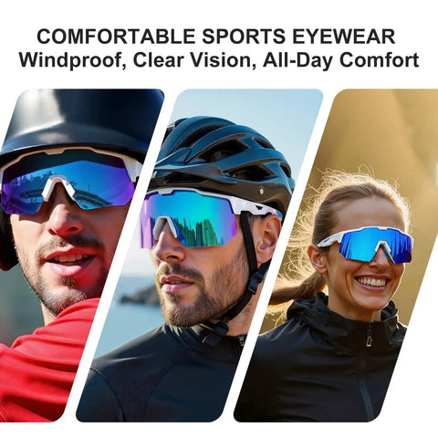 Polarized Sports Sunglasses With Five Interchangeable UV400 Lenses for Men Women and Youth, shown on cyclists and outdoor activities.